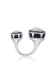 Black Rhodium Finish White Crystal Enameled Ring