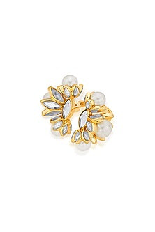 Gold Plated Cut Polki Mirror & Pearl Handcrafted Ring