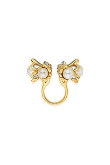 Gold Plated Cut Polki Mirror & Pearl Handcrafted Ring