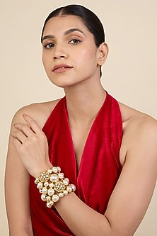 Gold Plated White Crystal & Pearl Open Cuff