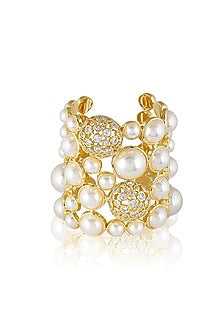 Gold Plated White Crystal & Pearl Open Cuff