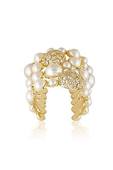 Gold Plated White Crystal & Pearl Open Cuff
