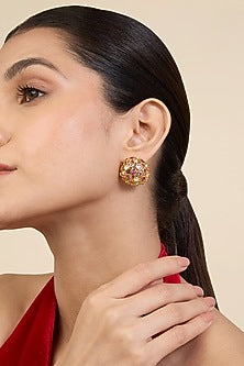 Gold Plated White & Pink Crystal Stud Earrings