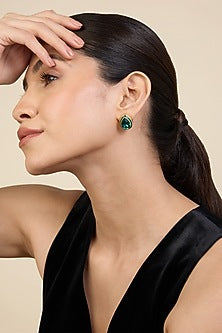 Gold Plated Green Crystal Black Enameled Stud Earrings