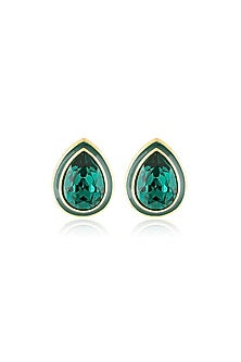 Gold Plated Green Crystal Black Enameled Stud Earrings