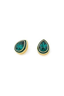 Gold Plated Green Crystal Black Enameled Stud Earrings