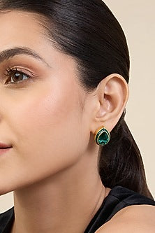 Gold Plated Green Crystal Black Enameled Stud Earrings