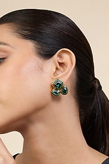Gold Plated Green Crystal Enameled Stud Earrings