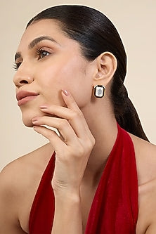 Gold Plated White Crystal Black Enameled Stud Earrings
