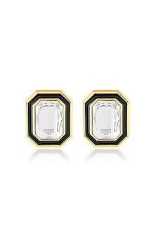 Gold Plated White Crystal Black Enameled Stud Earrings
