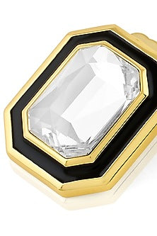 Gold Plated White Crystal Black Enameled Stud Earrings