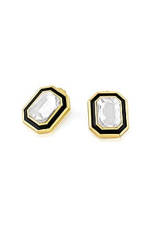Gold Plated White Crystal Black Enameled Stud Earrings
