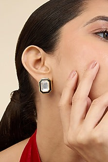Gold Plated White Crystal Black Enameled Stud Earrings
