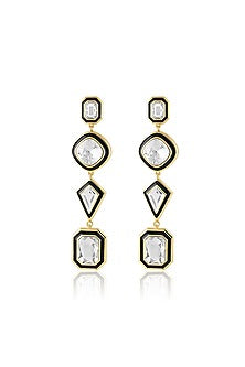 Gold Plated White Crystal Black Enameled Mismatched Dangler Earrings