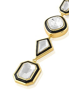 Gold Plated White Crystal Black Enameled Mismatched Dangler Earrings