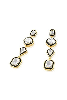Gold Plated White Crystal Black Enameled Mismatched Dangler Earrings