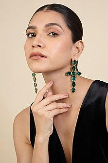 Gold Plated Green Crystal Enameled Cross Dangler Earrings