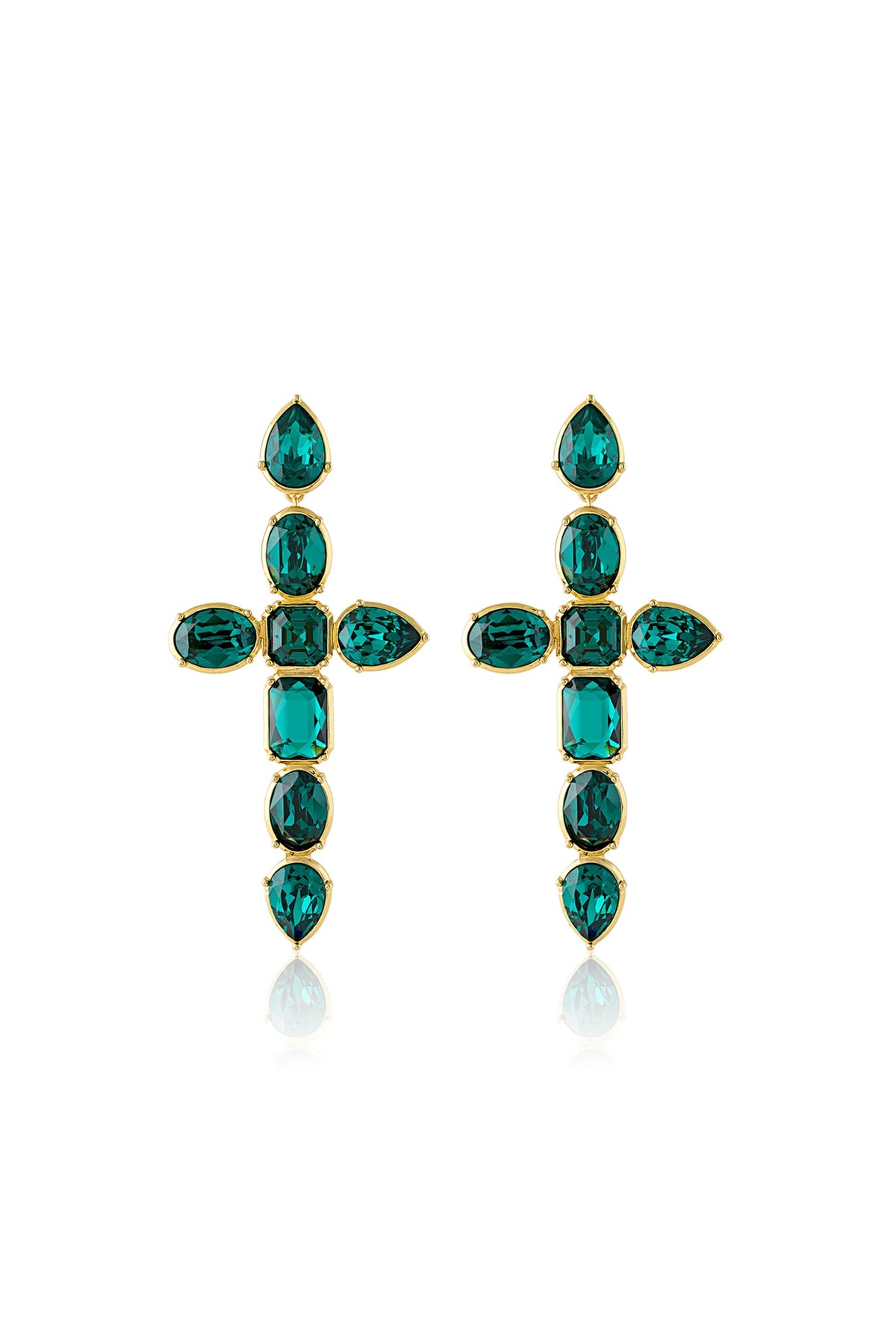 Gold Plated Green Crystal Enameled Cross Dangler Earrings
