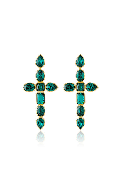 Gold Plated Green Crystal Enameled Cross Dangler Earrings