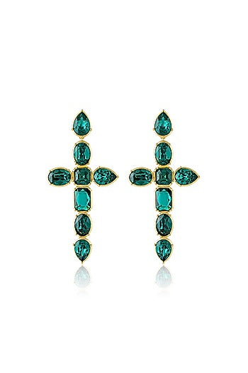 Gold Plated Green Crystal Enameled Cross Dangler Earrings