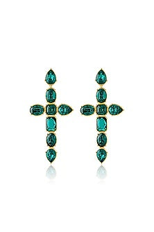 Gold Plated Green Crystal Enameled Cross Dangler Earrings
