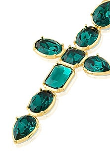Gold Plated Green Crystal Enameled Cross Dangler Earrings