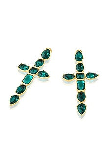 Gold Plated Green Crystal Enameled Cross Dangler Earrings
