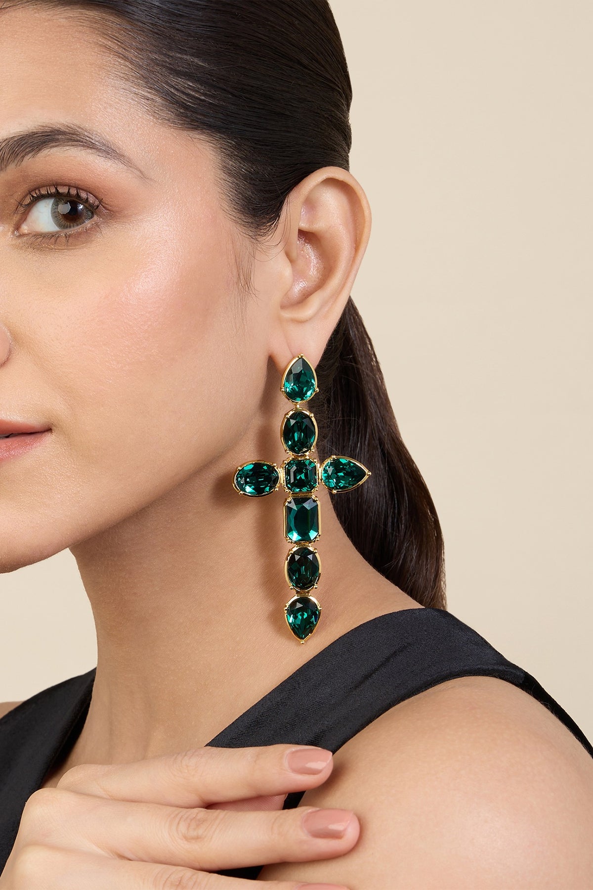 Gold Plated Green Crystal Enameled Cross Dangler Earrings