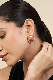 Gold Plated Pink Crystal & Mirror Stud Earrings