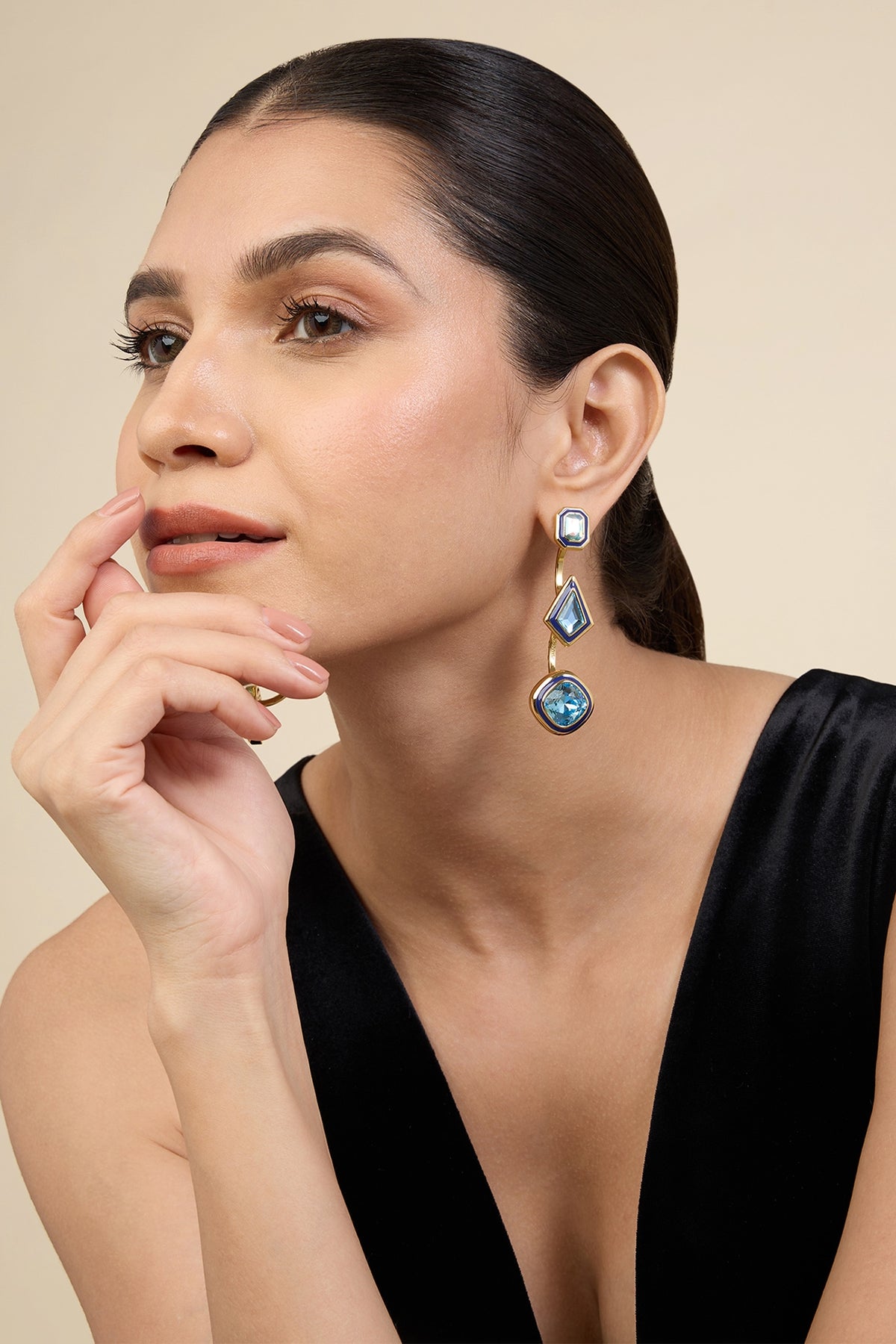Gold Plated Aquamarine Crystal Enameled Dangler Earrings
