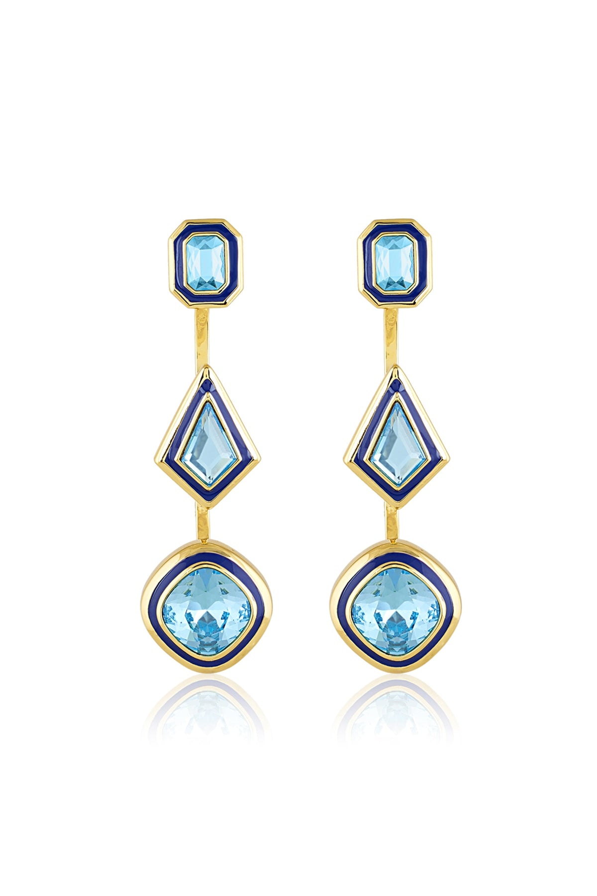 Gold Plated Aquamarine Crystal Enameled Dangler Earrings