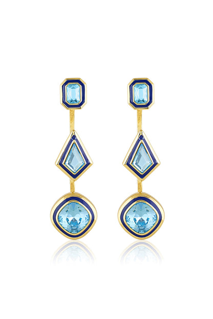Gold Plated Aquamarine Crystal Enameled Dangler Earrings