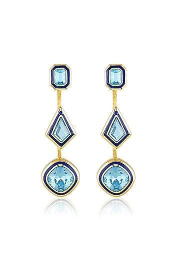 Gold Plated Aquamarine Crystal Enameled Dangler Earrings