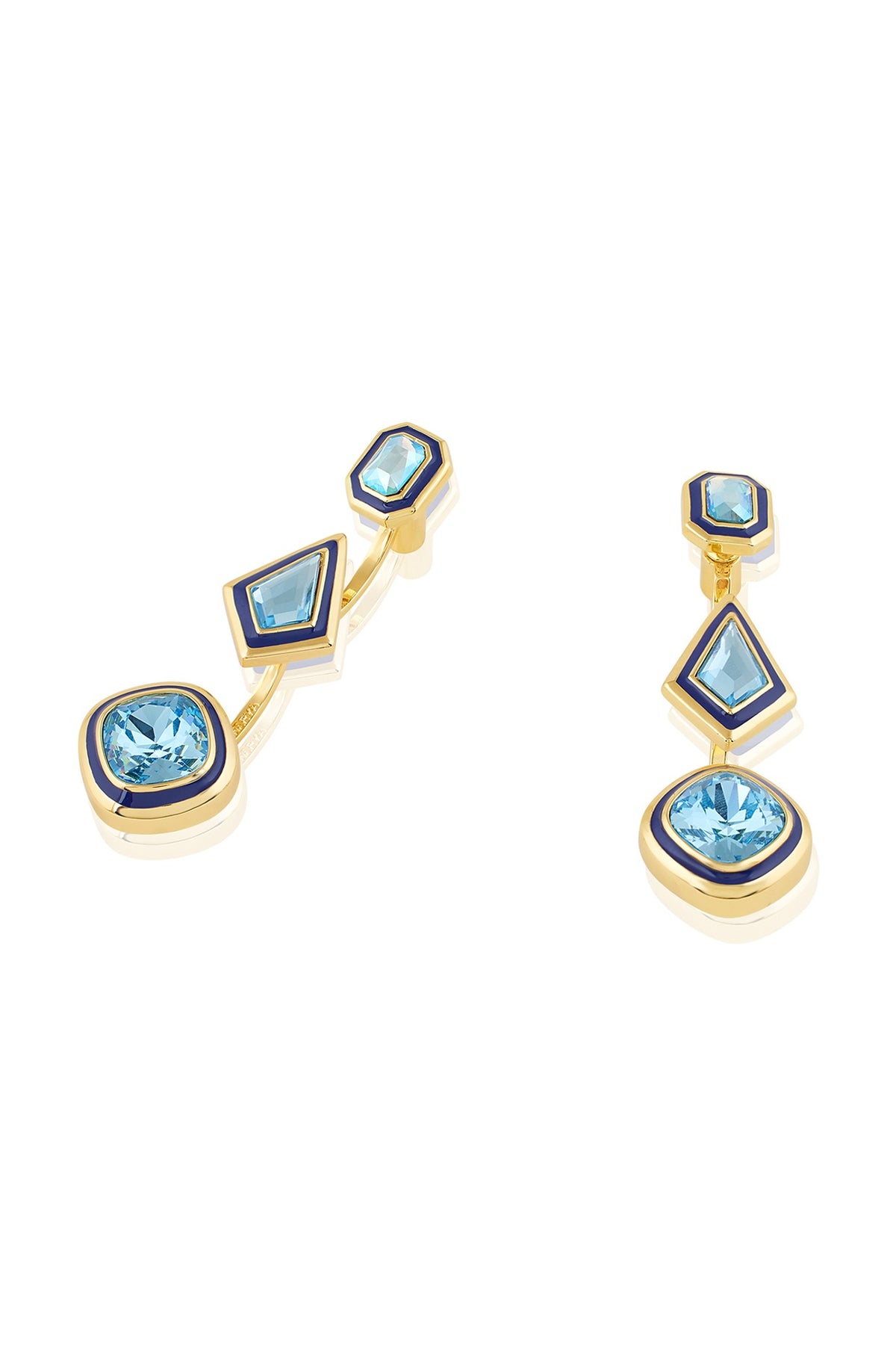 Gold Plated Aquamarine Crystal Enameled Dangler Earrings