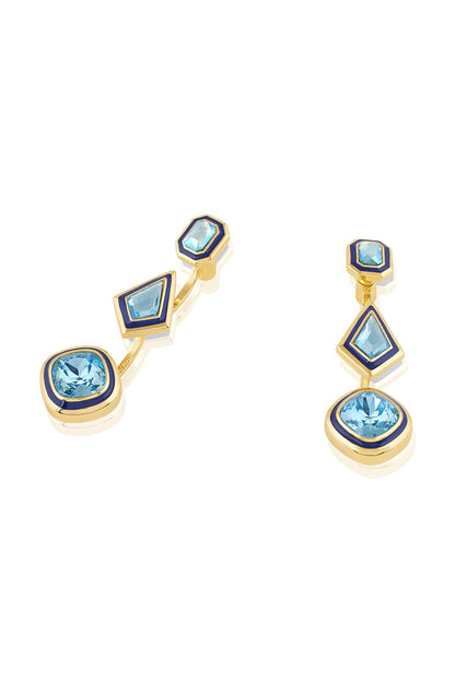 Gold Plated Aquamarine Crystal Enameled Dangler Earrings