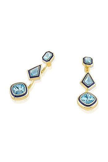 Gold Plated Aquamarine Crystal Enameled Dangler Earrings