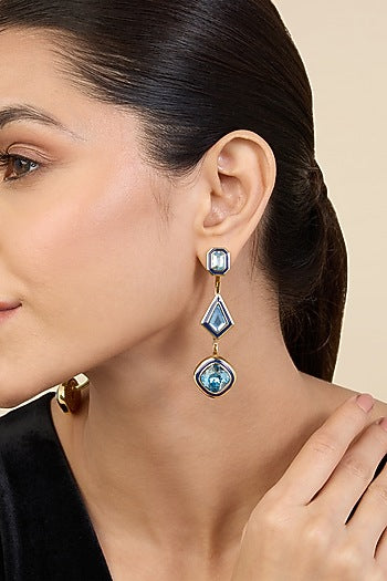 Gold Plated Aquamarine Crystal Enameled Dangler Earrings