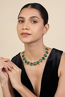 Gold Plated Green Crystal Enameled Choker Necklace