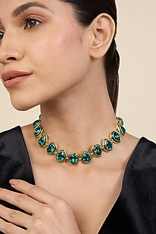 Gold Plated Green Crystal Enameled Choker Necklace