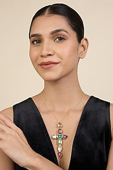 Gold Plated Multi-Colored Crystal Cross-Shaped Necklace