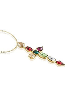 Gold Plated Multi-Colored Crystal Cross-Shaped Necklace