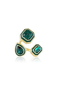Gold Plated Green Crystal Enameled Front-Open Ring