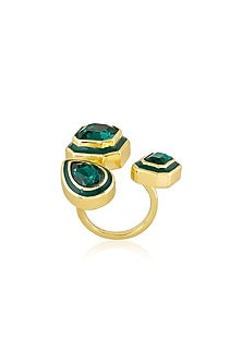 Gold Plated Green Crystal Enameled Front-Open Ring