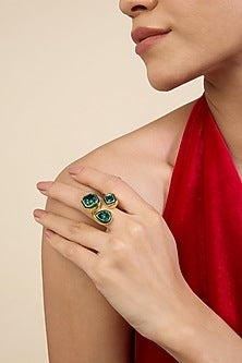 Gold Plated Green Crystal Enameled Front-Open Ring