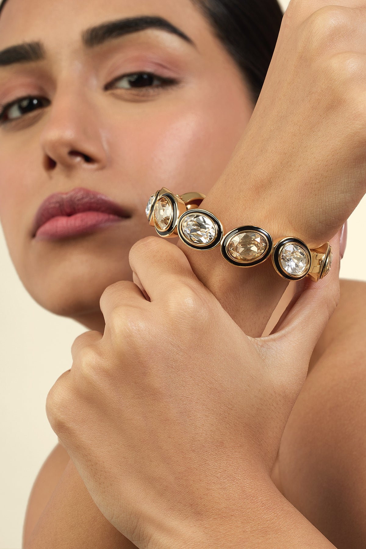 Gold Plated Mocha Mousse & White Crystal Enameled Bangle