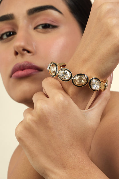 Gold Plated Mocha Mousse & White Crystal Enameled Bangle