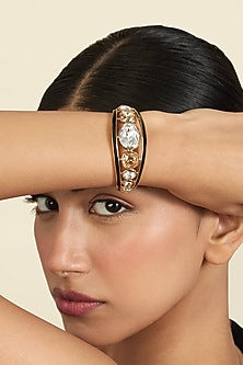 Gold Plated White & Mocha Mousse Crystal Enameled Cuff