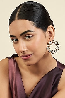 Gold Plated White Crystal Enameled Stud Earrings