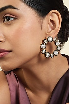 Gold Plated White Crystal Enameled Stud Earrings