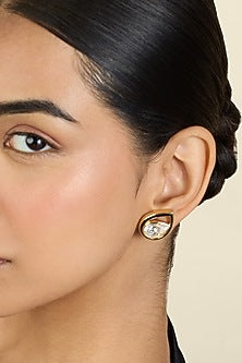 Gold Plated White Crystal Enameled Stud Earrings